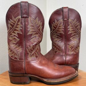 Mens Justin Cowboy Boots Honey Brown White Yellow Stitching Vintage Size 8D